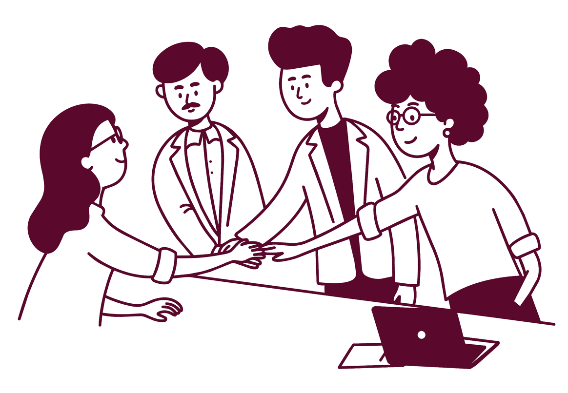 Illustration of four colleagues joining hands over a desk