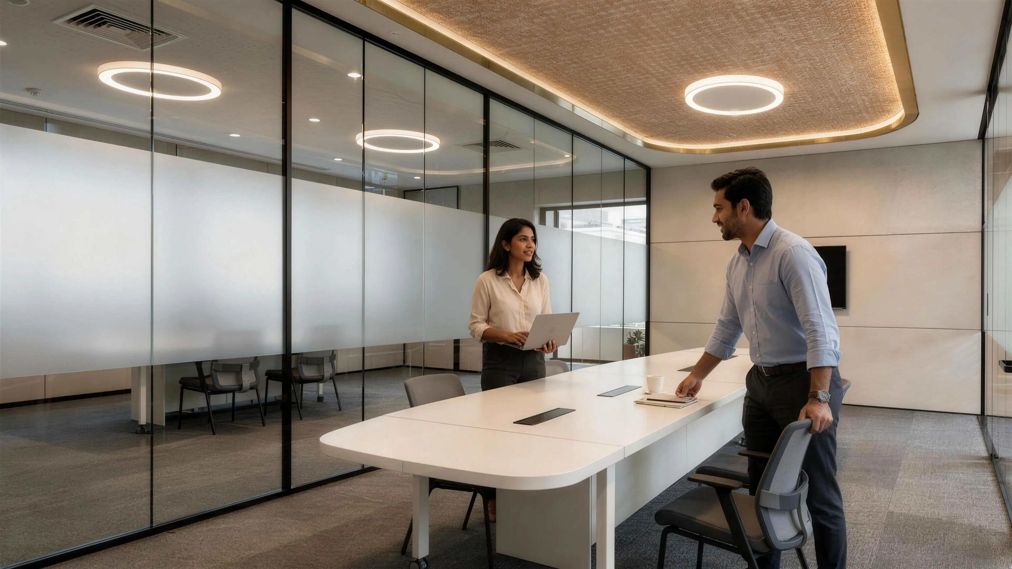 Two colleagues in a glass-walled meeting room