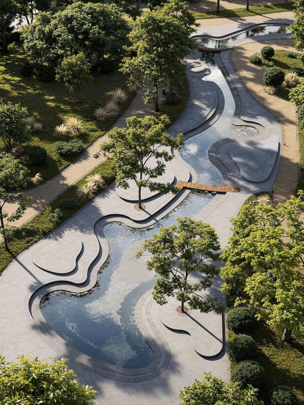 Aerial view of a landscaped courtyard with a winding water channel and trees