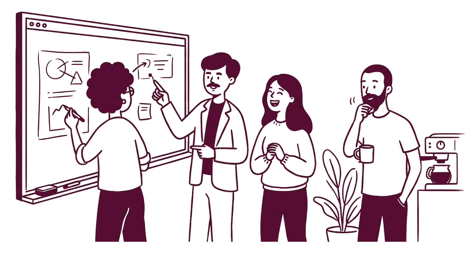 Illustration of four colleagues planning together at a whiteboard