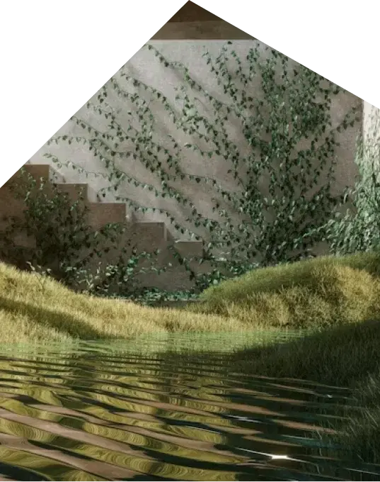 A shallow pool in a courtyard, with ivy climbing the concrete wall behind