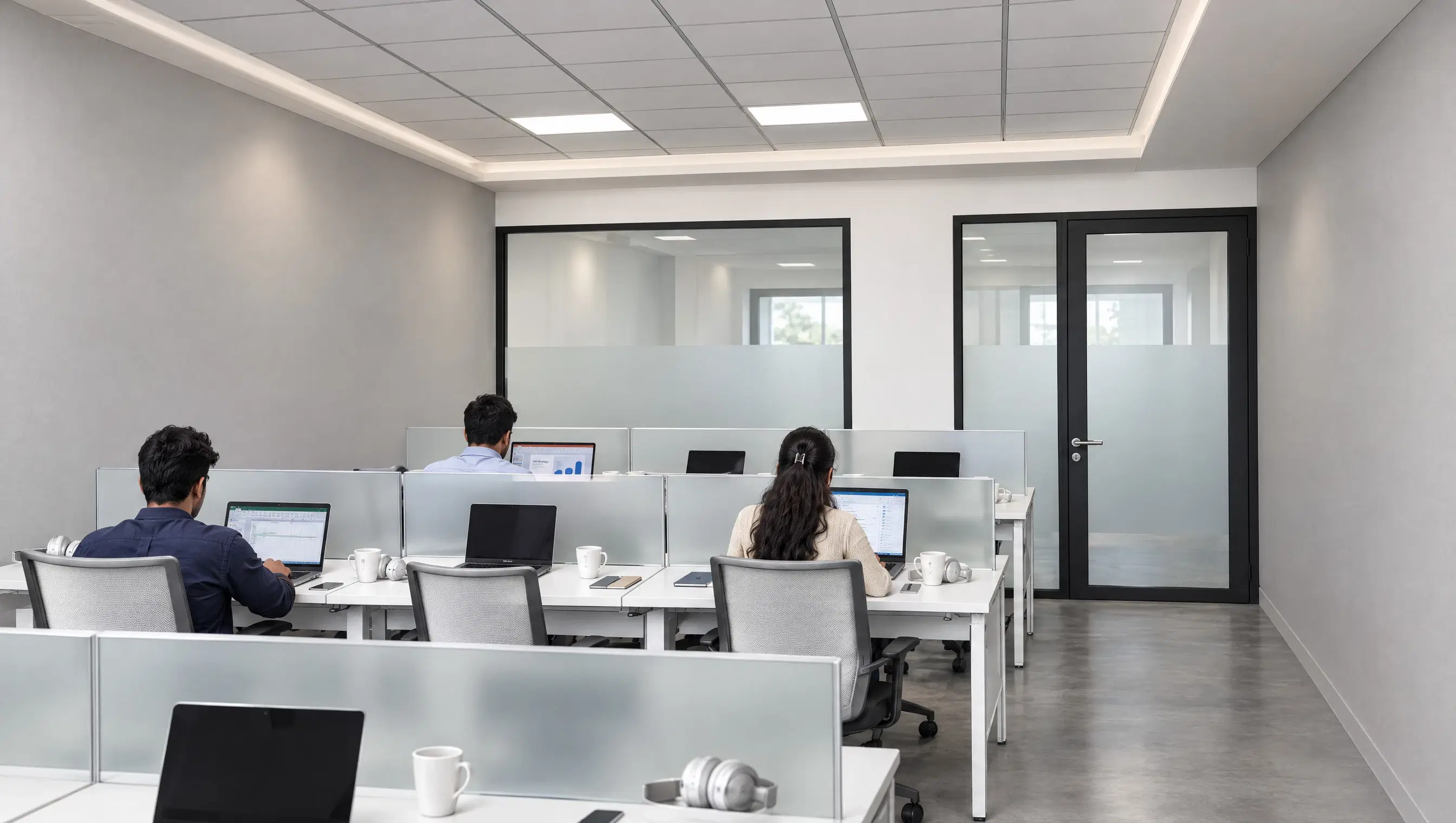 A private office suite with desks behind frosted glass walls