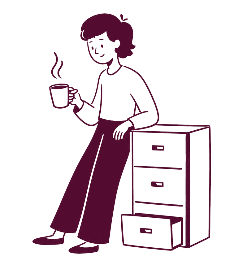 Illustration of a woman with a cup of coffee leaning on a filing cabinet