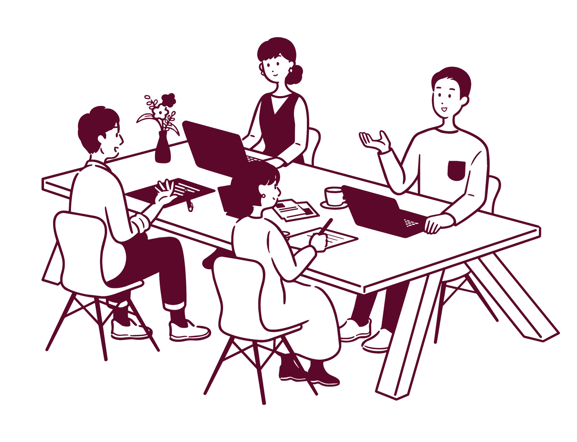 Illustration of colleagues meeting around a large table with laptops
